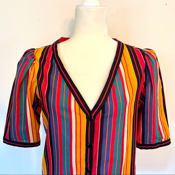 Miss O D by Oscar de la Renta cotton striped puff sleeve button down v neck - Picture 3 of 10